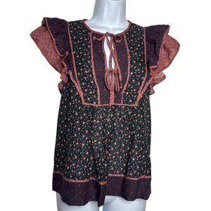 Ulla Johnson Cora Top Ruffle tie front auburn floral print size 4